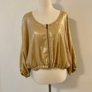 GIBSON Gold Crop Sequin Zip Up Bomber Style Jacket Size XS